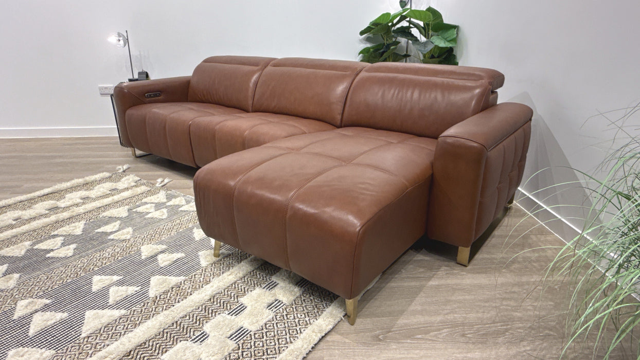 Sofology Marvella Leather 4 Seater Chaise Power Recliner/Headrest in Trusty Sheen Butterscotch