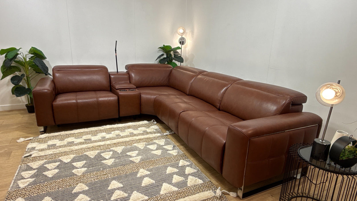 Sofology Marvella Leather 1.5 Console Corner 3 Power Recliner in Trusty Sheen Butterscotch