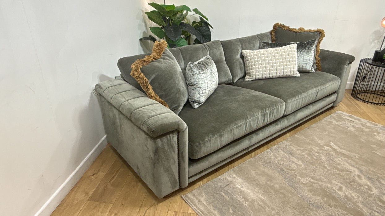 Sofology Regency Fabric 4 Seater Foam Seats with Studs in Fine Textured Chenille Grey Sage Mix