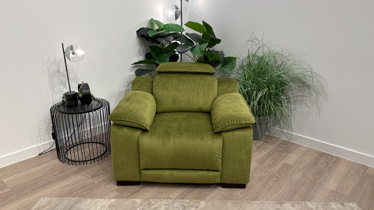 Sofology Benz Fabric Chair Power Recliner/Headrest Heated Seat in Heritage Velvet Olive