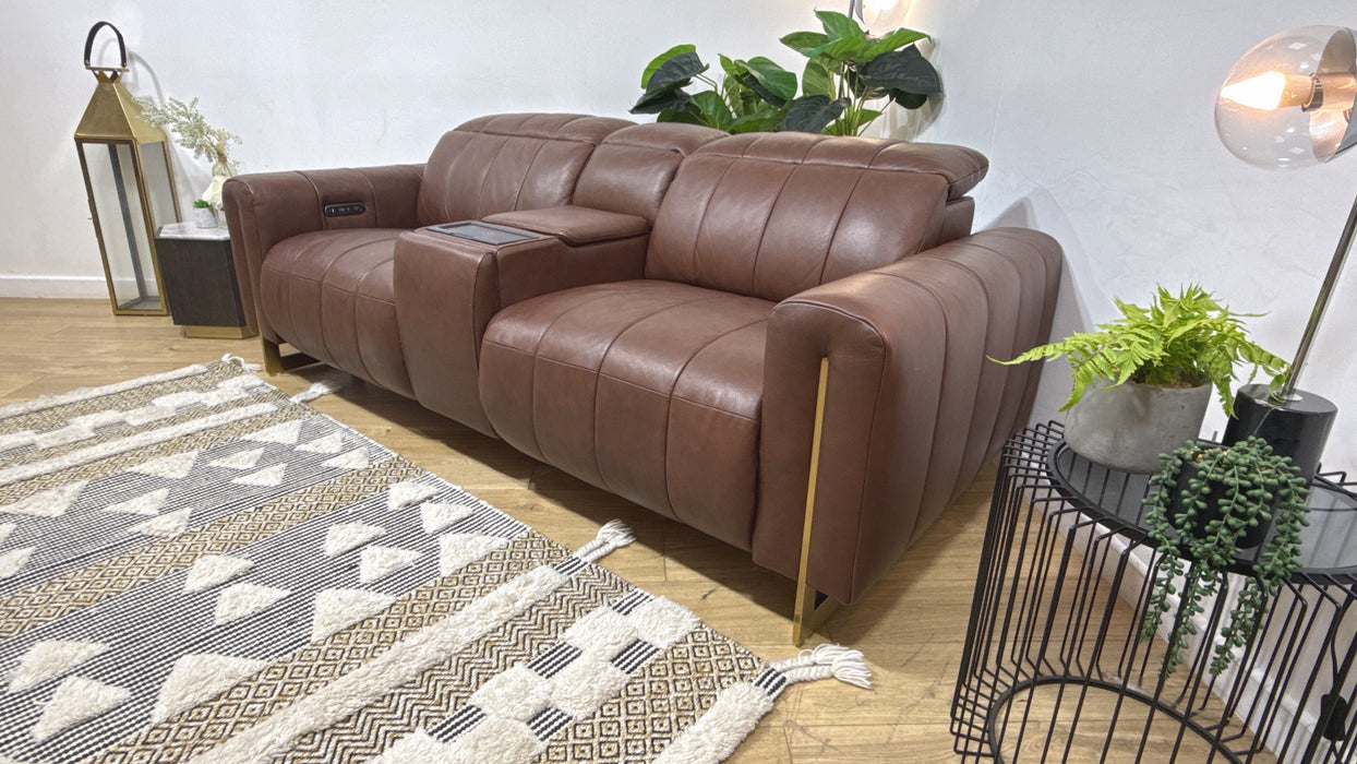 Sofology Paramount 2.5 Leather Sofa Power Recliner, Power Hdrst and Speakers + Console in Embossed Leather Chestnut