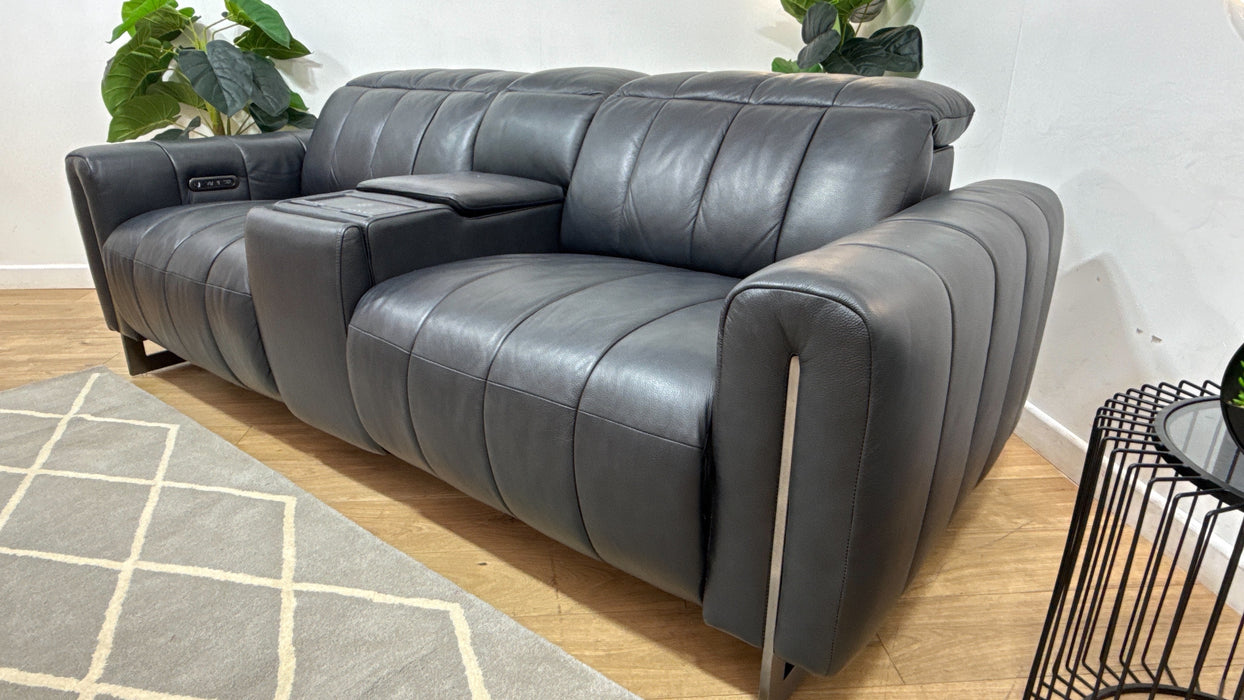 Sofology Paramount Leather 2.5 Seater Console Power Recliner/Headrest Speakers in Trusty Embossed Navy