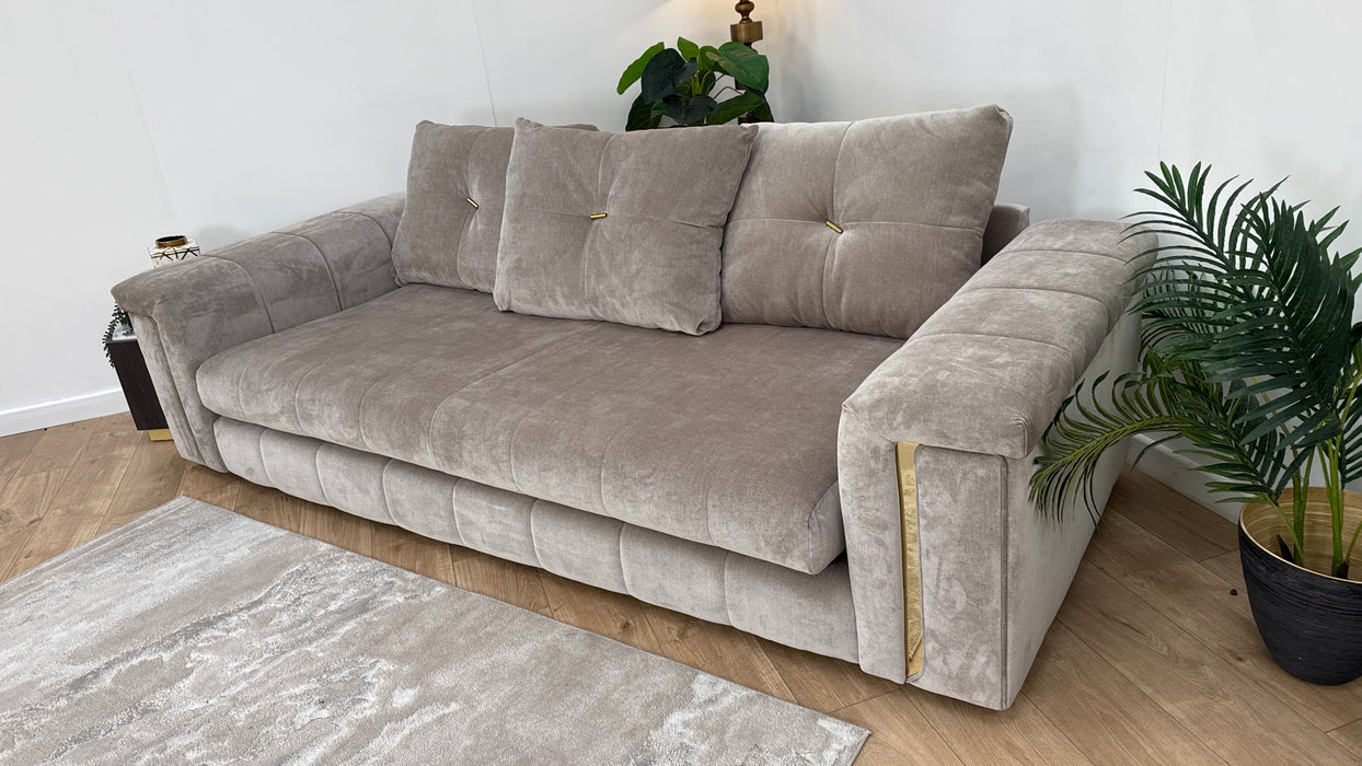 Sofology The Oscar Fabric 4 Seater Gold Trim in Fine Textured Chenille Stone Mix