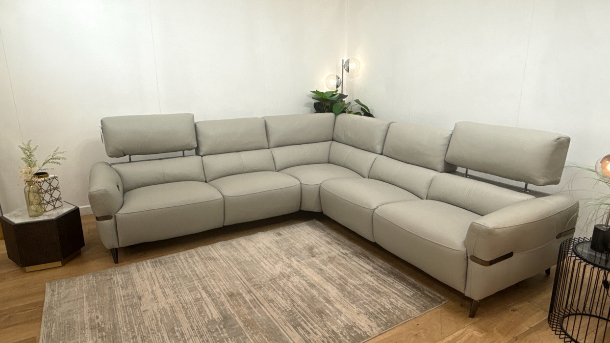 Sofology Arlington Leather 2 Corner 2 Power Recliner/Headrest Lumbar in Trusty Matt Light Grey