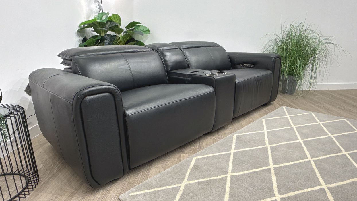 Sofology Premiere Leather 2.5 Seater Smart Console Power Recliner/Headrest Heated Seats in Trusty Embossed Jet Black