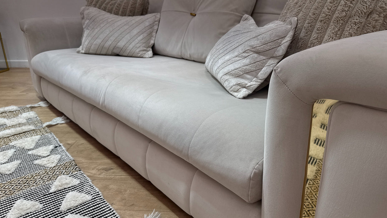 Sofology Oscar Fabric 4 Seater Gold Trim in Super Matt Velvet Ecru Mix