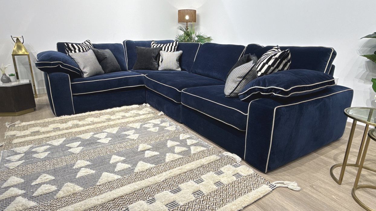 Sofology Atelier Fabric 3 Corner 1 Full Back in Soft Chenille Navy Mix With Pearl Contrast Piping
