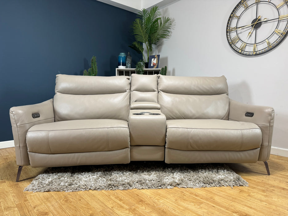 Renato Leather 2.5 Seater Console - Trusty Embossed Leather Stone - Power Recliner Speakers - (WA2)