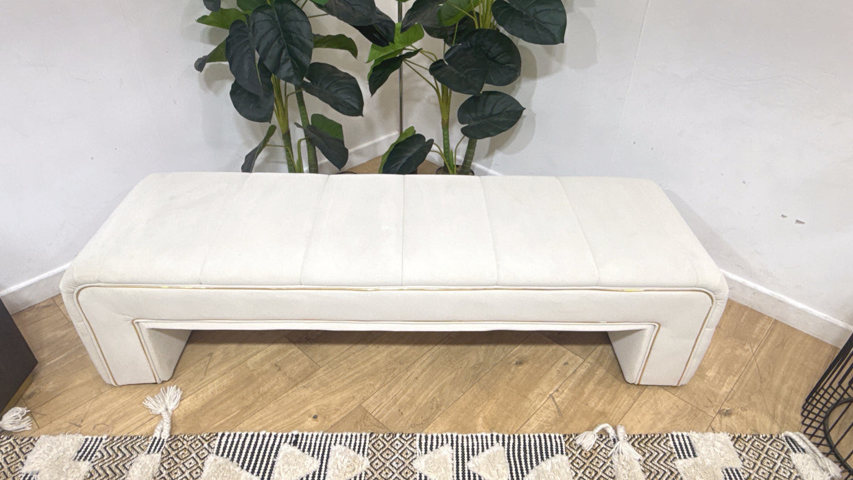 Sofology Oscar Fabric Large Bench Footstool Gold Trim in Super Matt Velvet Ecru