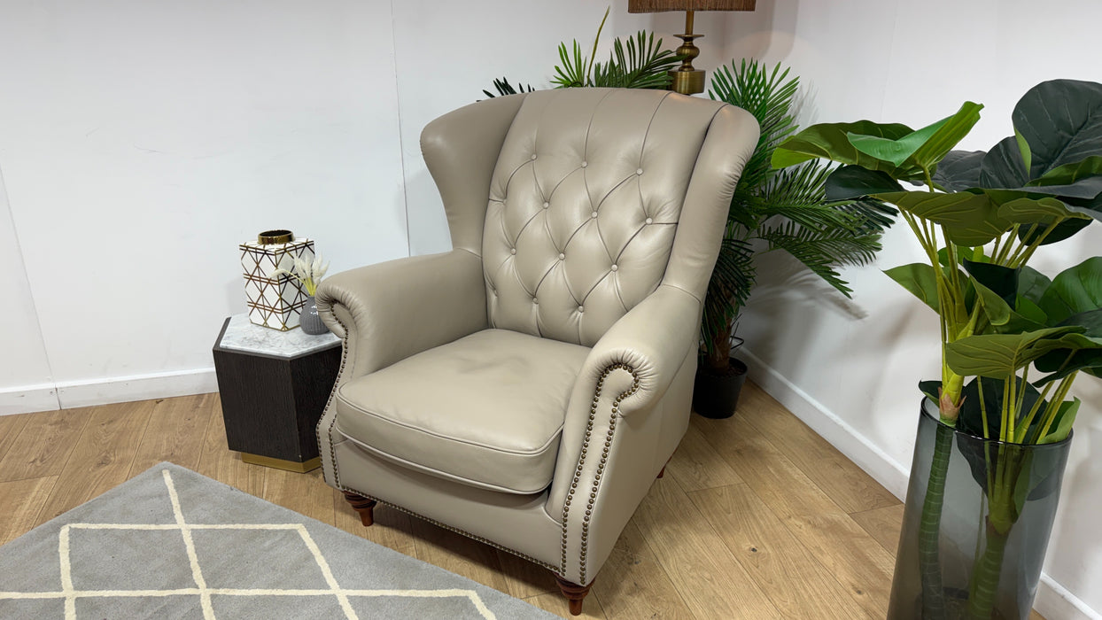 Sofology Darcy Leather Accent Wing Chair with Studs in Trusty Embossed Stone