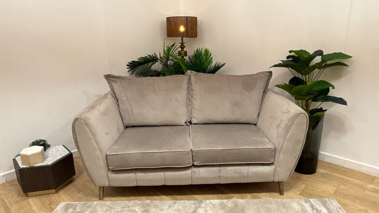 Sofology Gabrielle Fabric 2 Seater Gold Trim in Plush Pebble/Alexa Truffle Mix