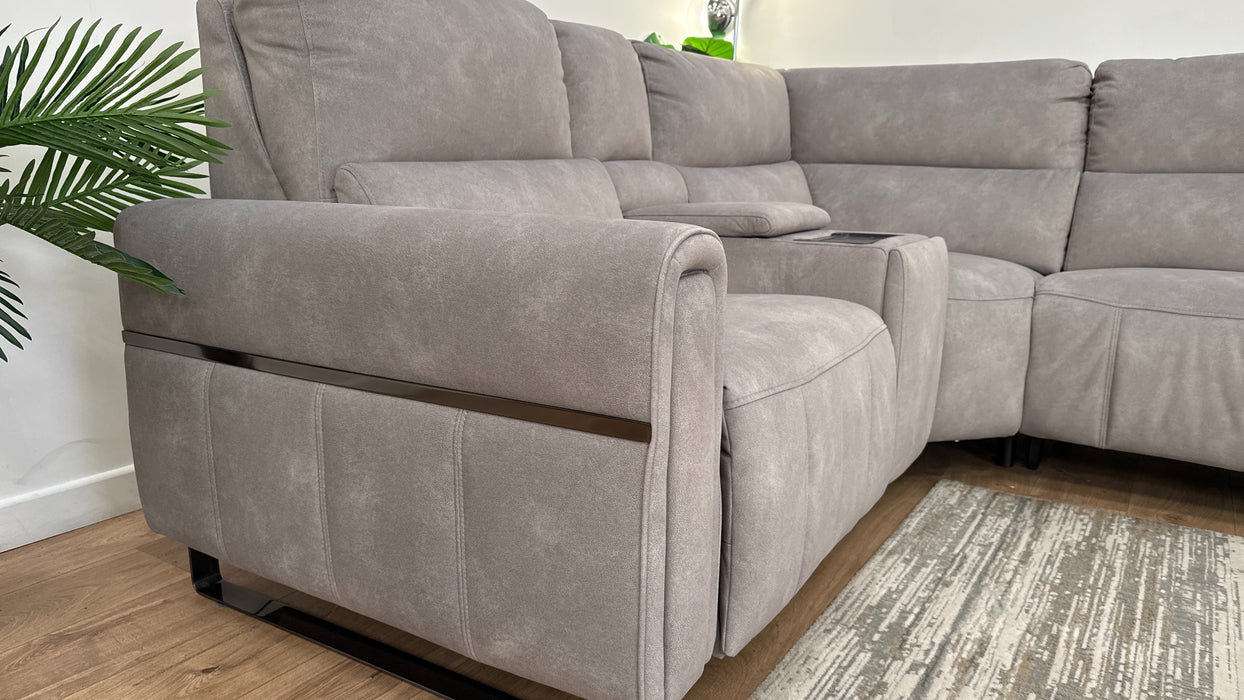 Sofology The Ravello Fabric 1 Console Corner 2 Power Recliner/Headrest Lumbar Support in Lifestyle Flecked Fabric Stone