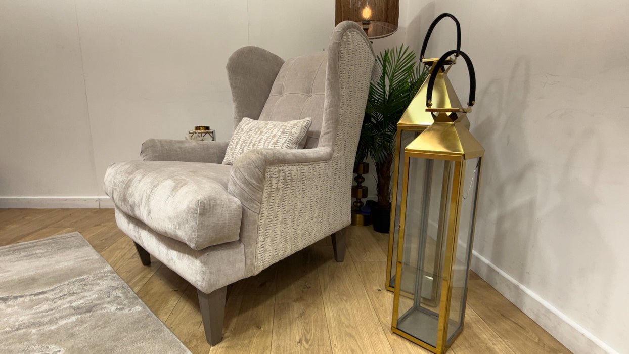 Sofology Highgrove Fabric Accent Chair Feather Flex Seats in Luxe Chenille Oyster/Textured Pebble Mix