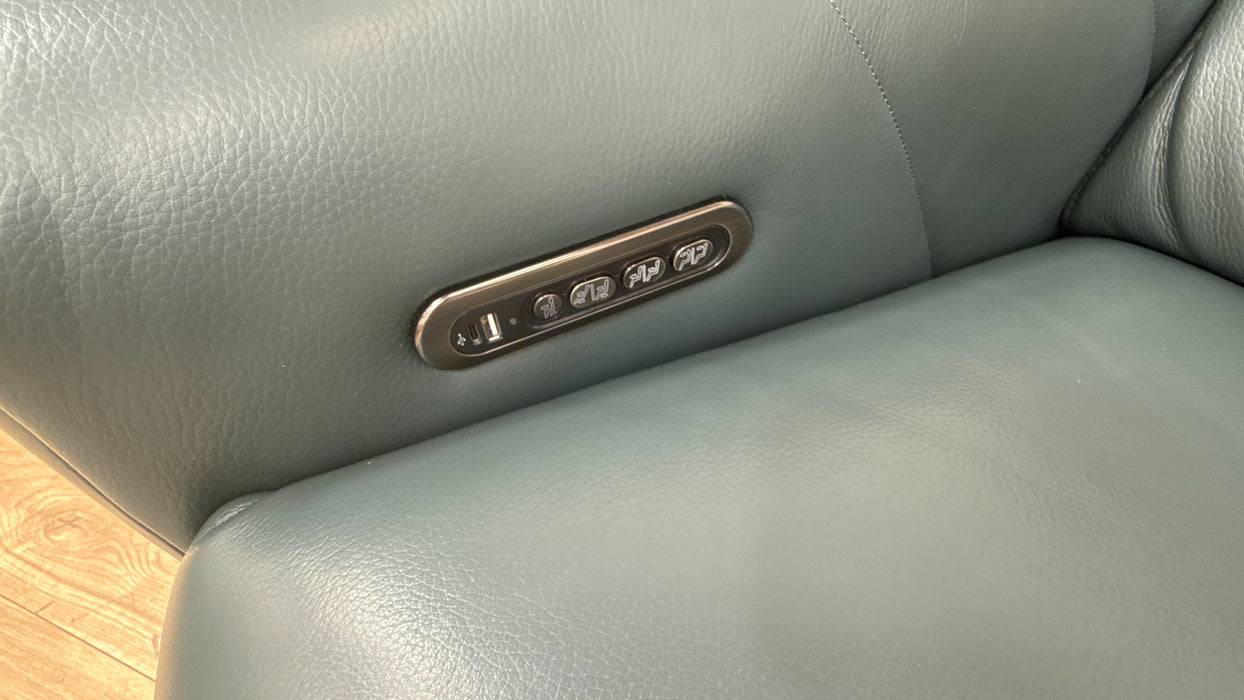 Sofology Allure Leather 2.5 Seater Screen Console Power Recliner/Headrest Heated Seats Lumbar Support Speakers in Trusty Embossed Peacock