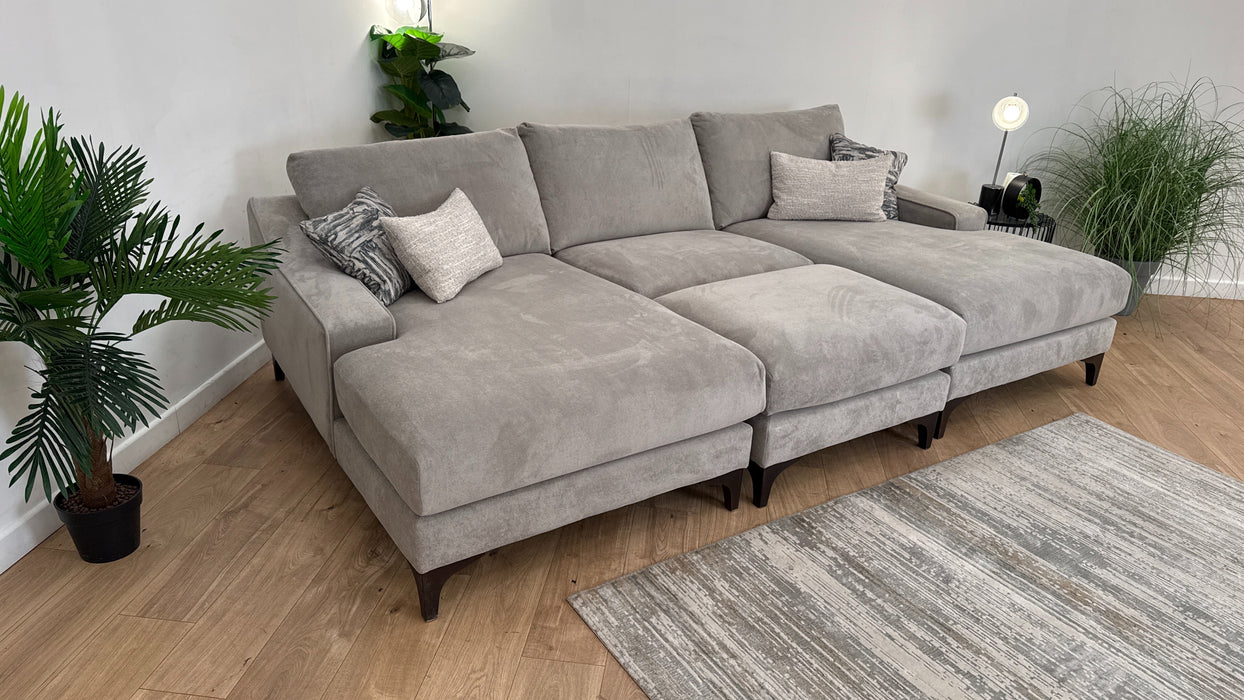 Sofology Wildwood Fabric 4 Seater Double Chaise with Footstool in Soft Sherpa Silver Contrast Piping