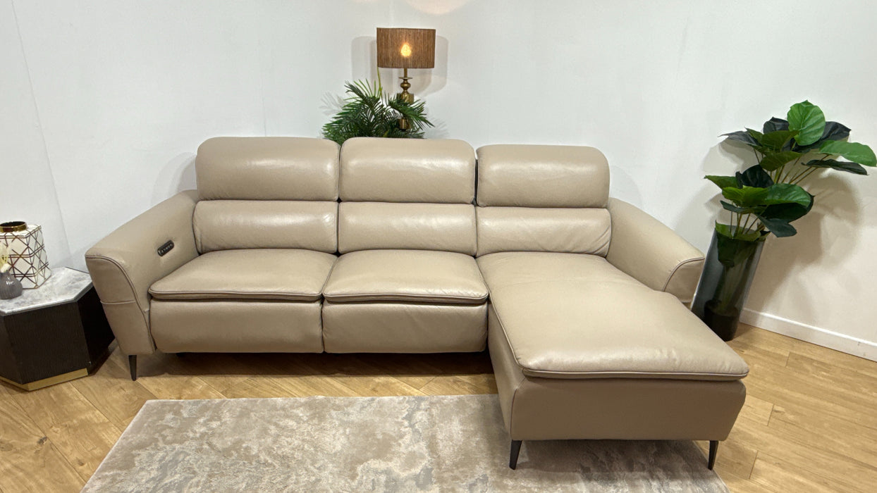 Sofology Viento Leather 3 Seater Chaise Power Recliner/Headrest Lumbar in Trusty Embossed Stone