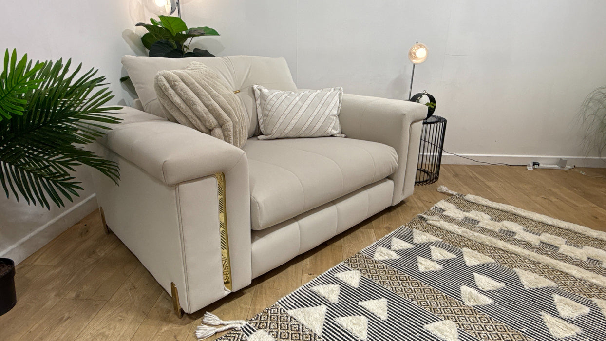 Sofology Oscar Fabric Loveseat Gold Trim in Super Matt Velvet Ecru Mix