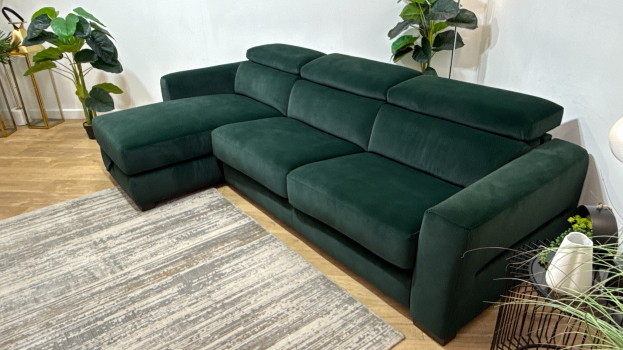 Sofology Metropolitan Fabric Chaise 4 Seater Sofa Bed with Storage in Lifestyle Mottled Dark Green