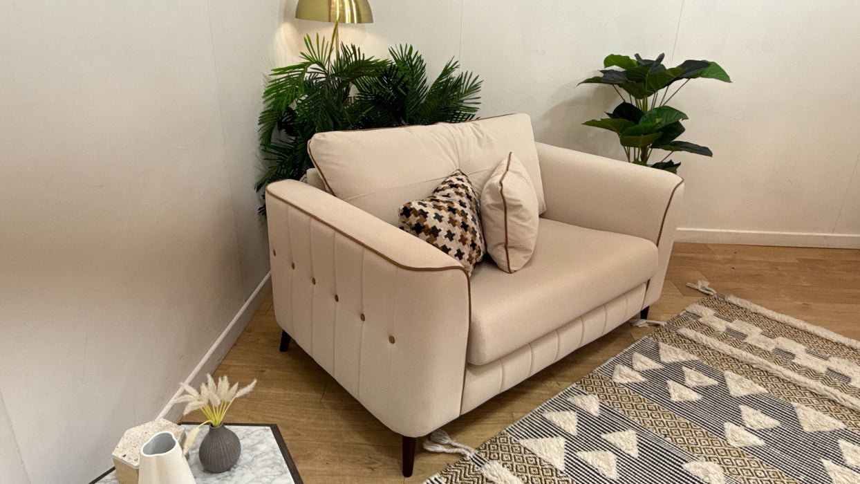 Sofology Remy Fabric Loveseat in Super Matt Velvet Ecru Mix With Caramel Contrast Piping