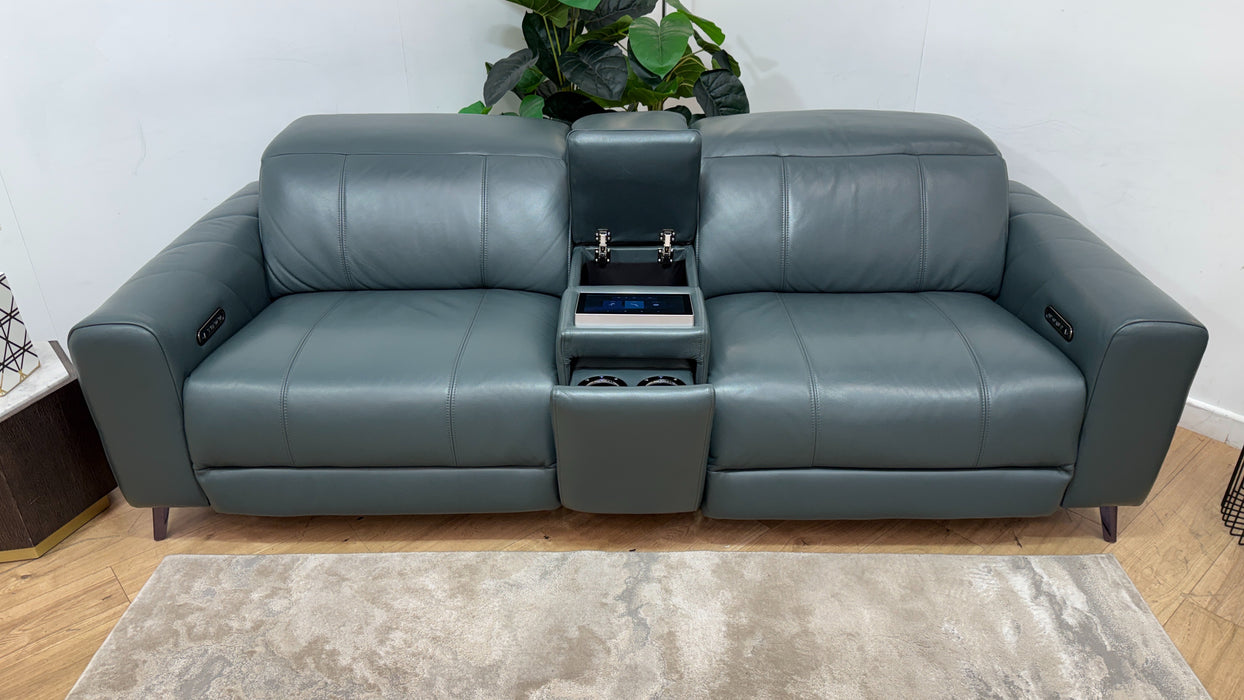 Sofology Allure Leather 2.5 Seater Screen Console Power Recliner/Headrest Heated Seats Lumbar Support Speakers in Trusty Embossed Peacock
