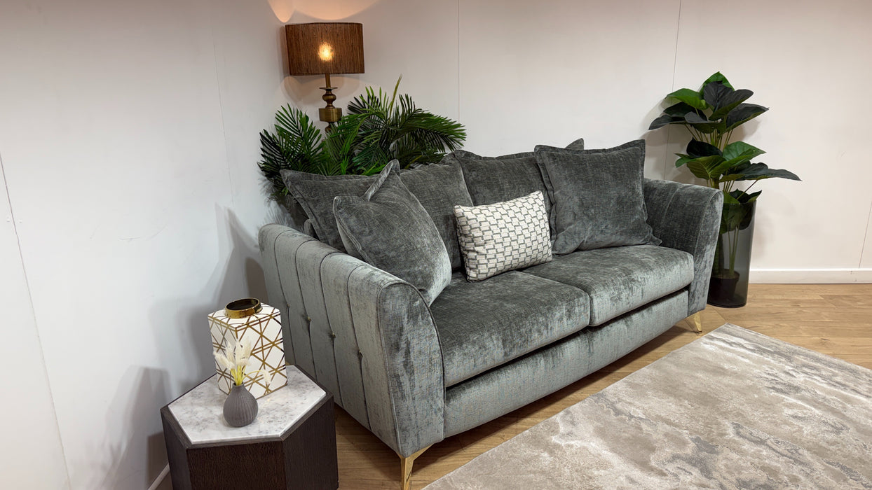 Sofology Luella Fabric 3 Seater Gold Buttons in Luxe Chenille Alpine Green Mix