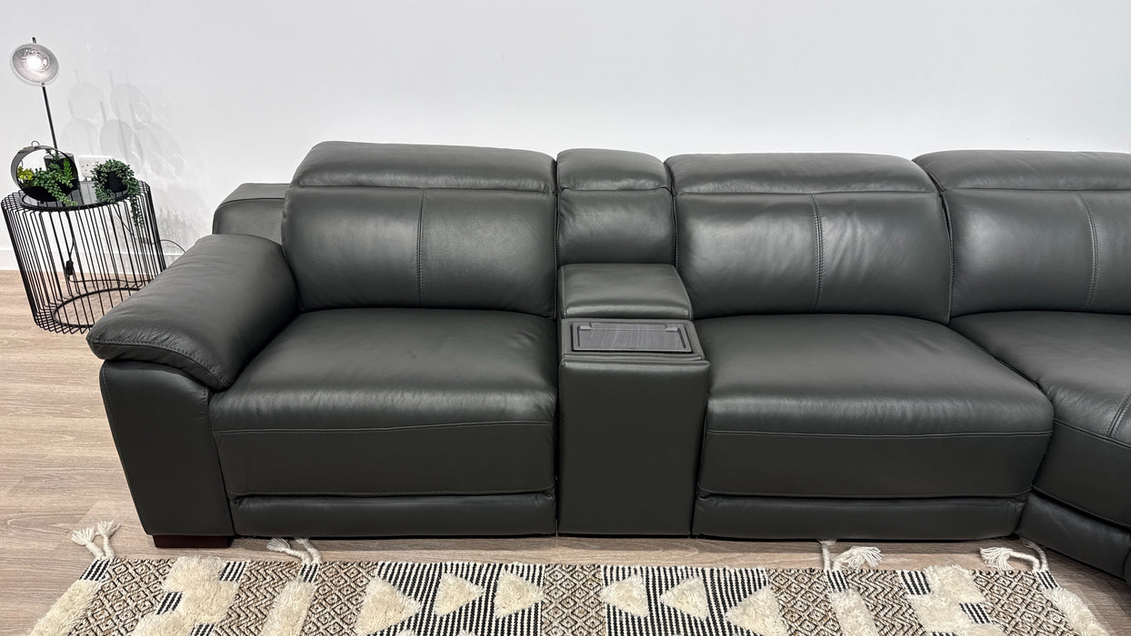 Sofology Portland Leather 3 Console Corner 3 Power Recliner/Headrest Heated Seats in Trusty Embossed Charcoal