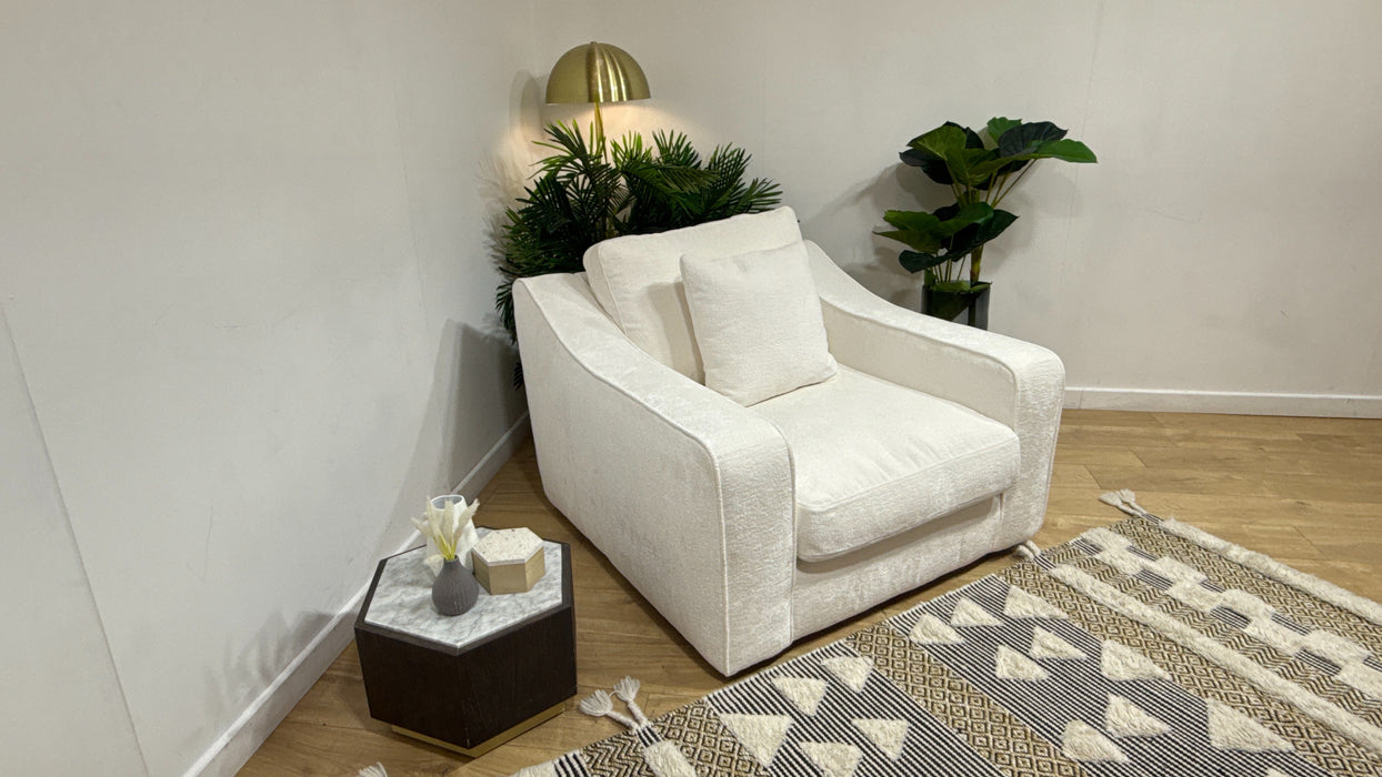 Sofology Bellagio Accent Chair Reversible Feather Flex Seat in Chunky Luxe Chenille Snow