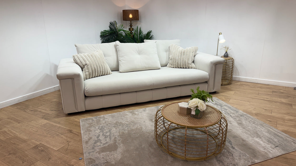 Sofology Oscar Fabric 4 Seater Distressed Walnut Trim in Super Matt Velvet Ecru Mix