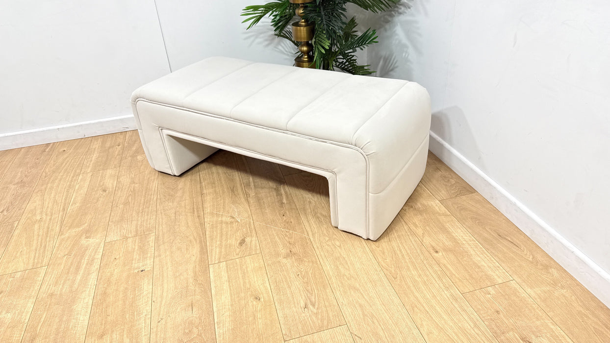 Sofology Oscar Fabric Small Bench Footstool Silver Trim in Super Matt Velvet Ecru