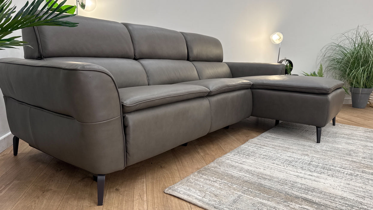 Sofology The Viento Leather 3 Seater Chaise Power Recliner/Headrest in Trusty Embossed Grey