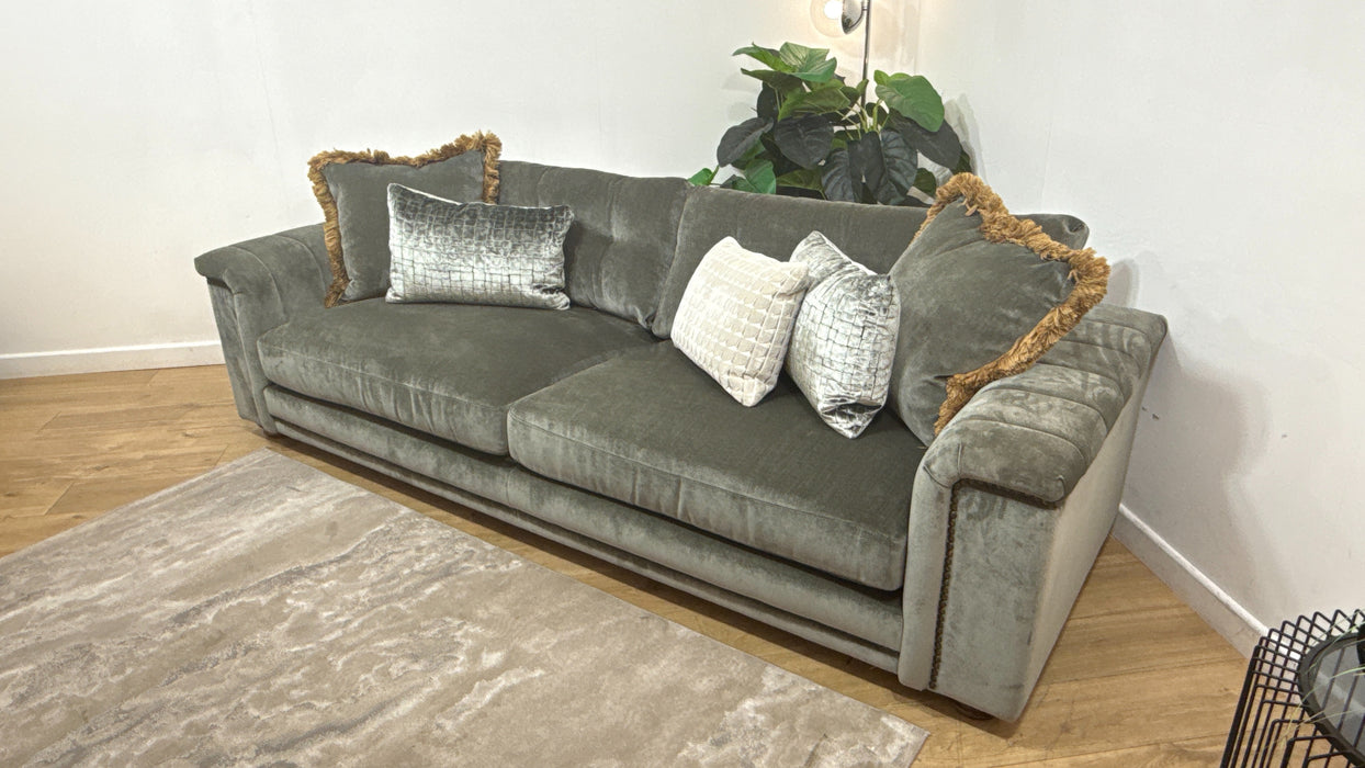 Sofology Regency Fabric 4 Seater Foam Seats with Studs in Fine Textured Chenille Grey Sage Mix