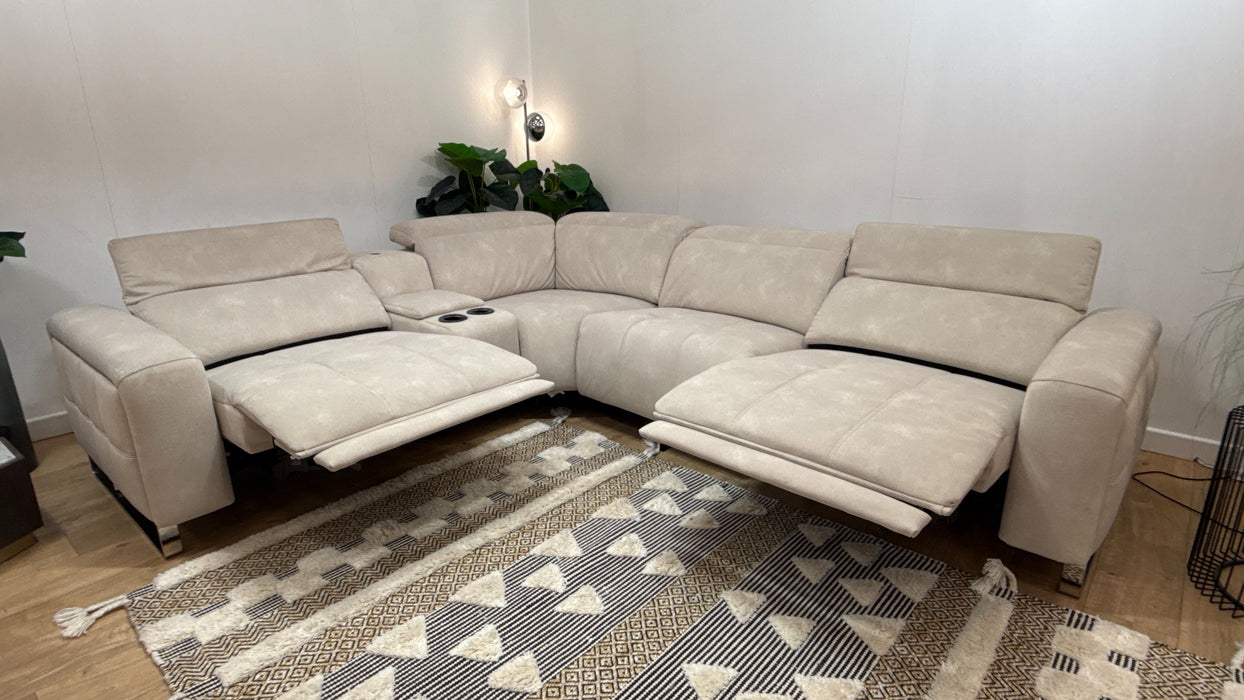 Sofology Marvella Fabric 1.5 Console Corner 3 Power Recliner/Headrest Heated Seat in Lifestyle Flecked Ivory