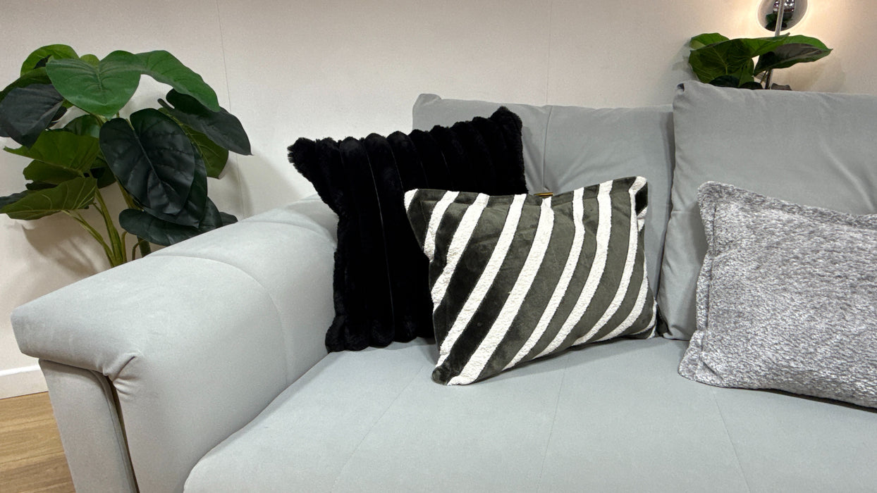 Sofology Oscar Fabric 4 Seater Split Gold Trim in Super Matt Velvet Silver Mix