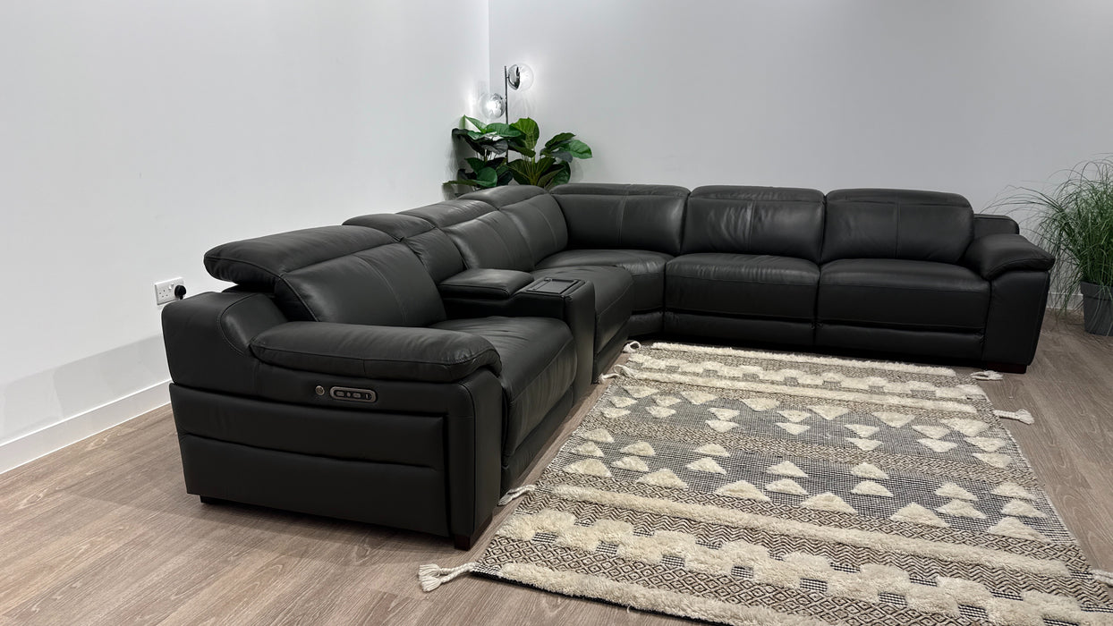 Sofology Portland Leather 3 Console Corner 3 Power Recliner/Headrest Heated Seats in Trusty Embossed Charcoal