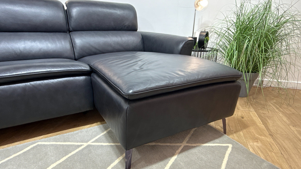Sofology The Viento 3 Seater Leather Chaise, Power Recliner, HDRST,Lumber & Heated St in Navy