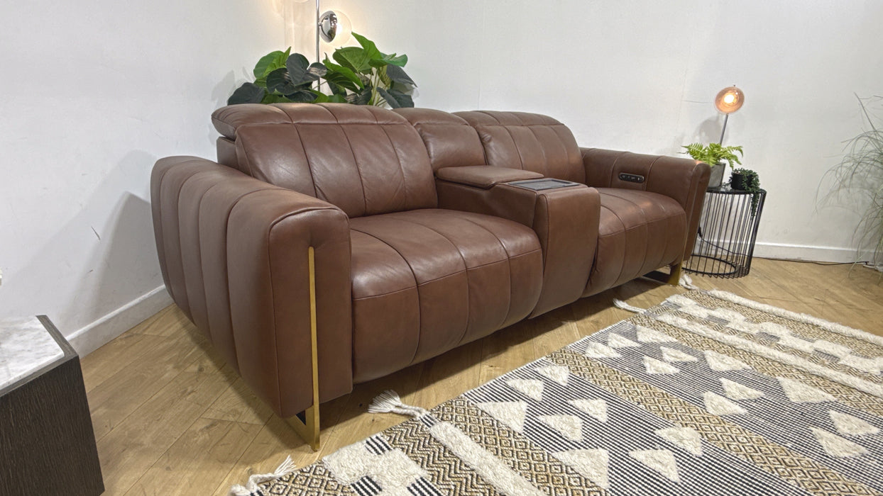 Sofology Paramount 2.5 Leather Sofa Power Recliner, Power Hdrst and Speakers + Console in Embossed Leather Chestnut