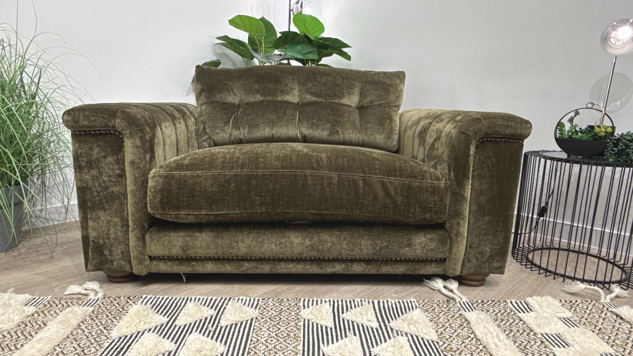 Sofology Regency Fabric Loveseat Foam Seat with Studs in Luxe Chenille Olive Mix