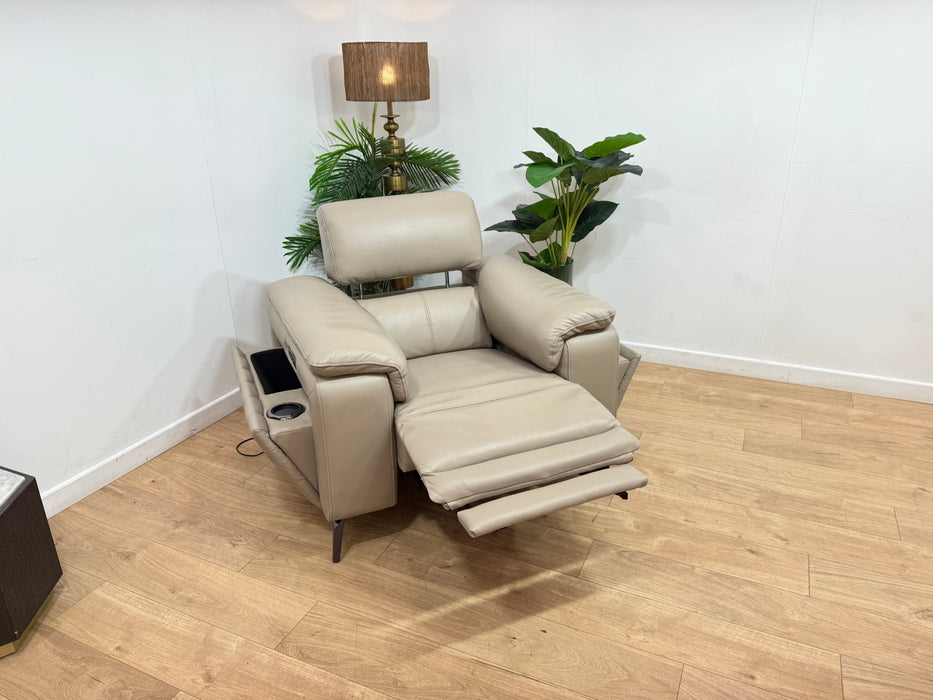 Sofology Fratelli Leather Chair Power Recliner/Headrest in Trusty Embossed Stone