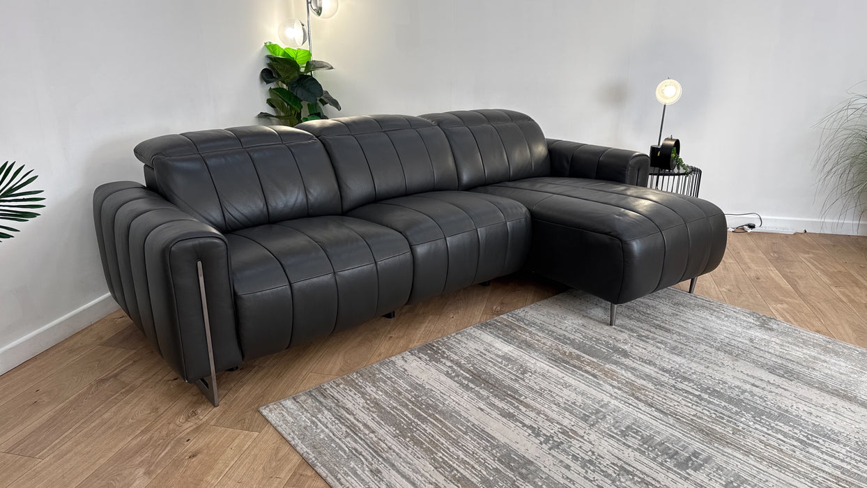 Sofology The Paramount Leather 4 Seater Chaise Power Recliner/Headrest Speakers in Trusty Embossed Charcoal