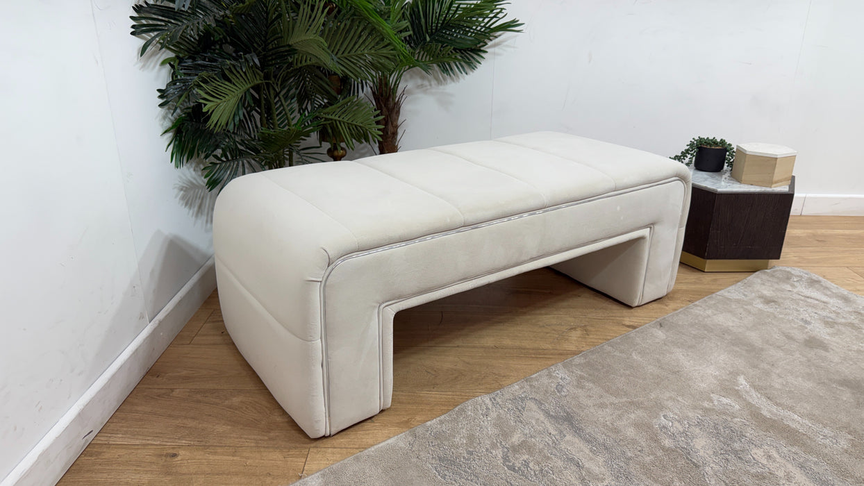 Sofology Oscar Fabric Small Bench Footstool Silver Trim in Super Matt Velvet Ecru