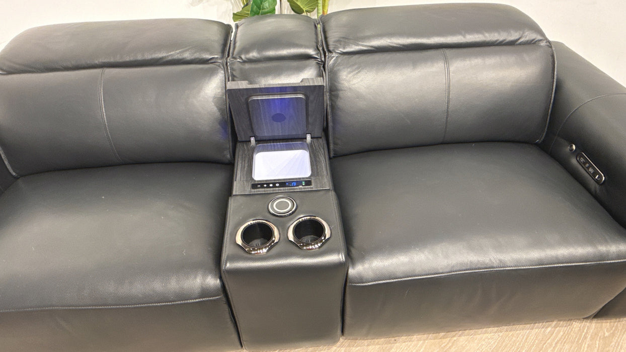 Sofology Premiere Leather 2.5 Seater Smart Console Power Recliner/Headrest Heated Seats in Trusty Embossed Jet Black