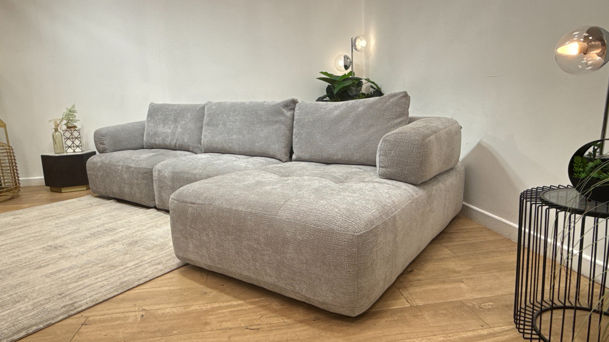 Sofology Fabric Flex 4 Seater Chaise Large Full Back Power Motion Back in Heavy Textured Chenille Light Grey