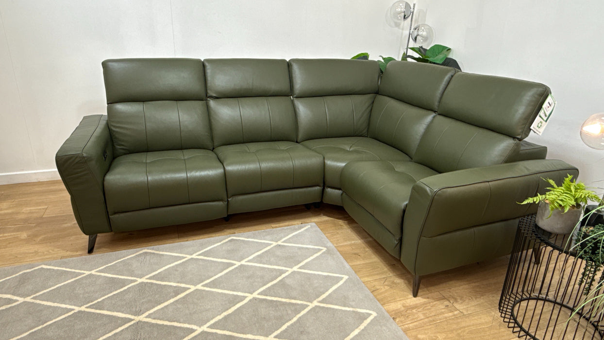 Sofology Jax Leather 3 Corner 1.5 Power Recliner/Headrest Heated Seats Lumbar Support in Trusty Embossed Dark Olive