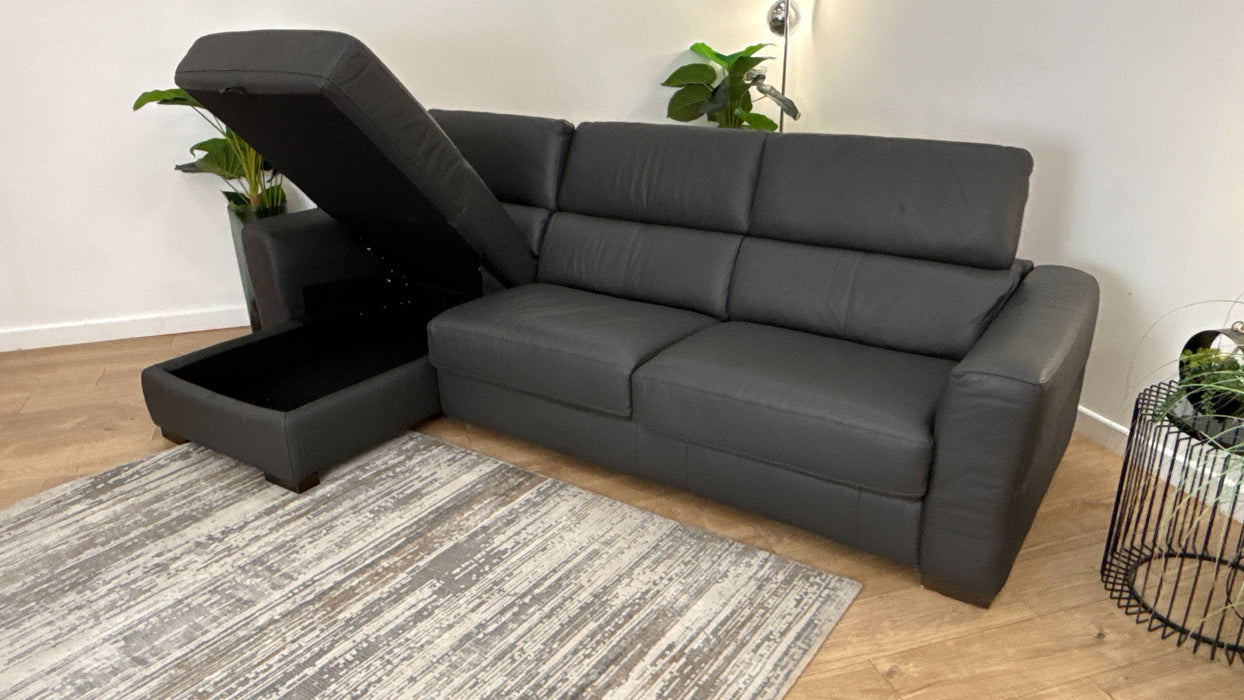 Sofology Metropolitan Leather Chaise 4 Seater Sofa Bed with Storage in Trusty Matt Charcoal