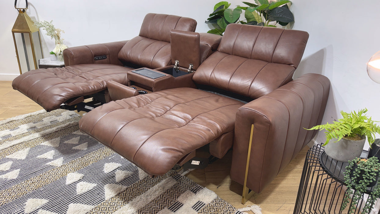 Sofology Paramount 2.5 Leather Sofa Power Recliner, Power Hdrst and Speakers + Console in Embossed Leather Chestnut