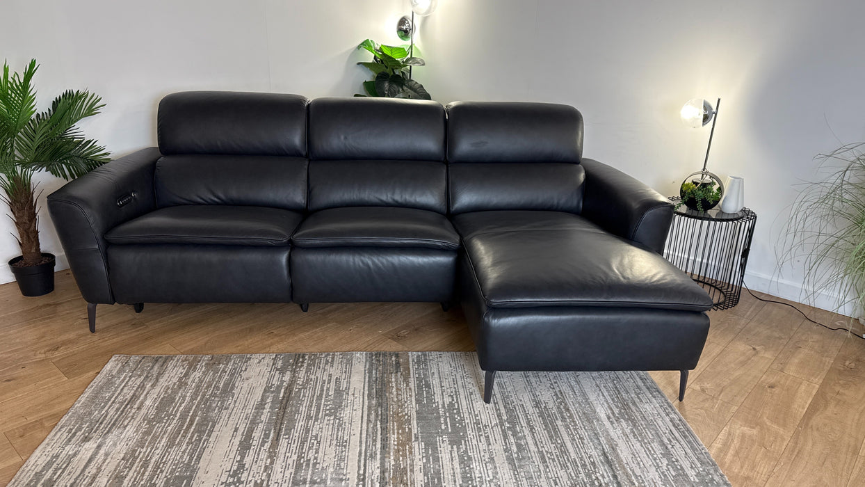 Sofology The Viento Leather 3 Seater Chaise Power Recliner/Headrest Heated Seat Lumbar Support in Trusty Embossed Navy