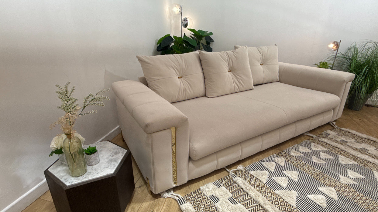 Sofology Oscar Fabric 4 Seater Gold Trim in Super Matt Velvet Ecru Mix
