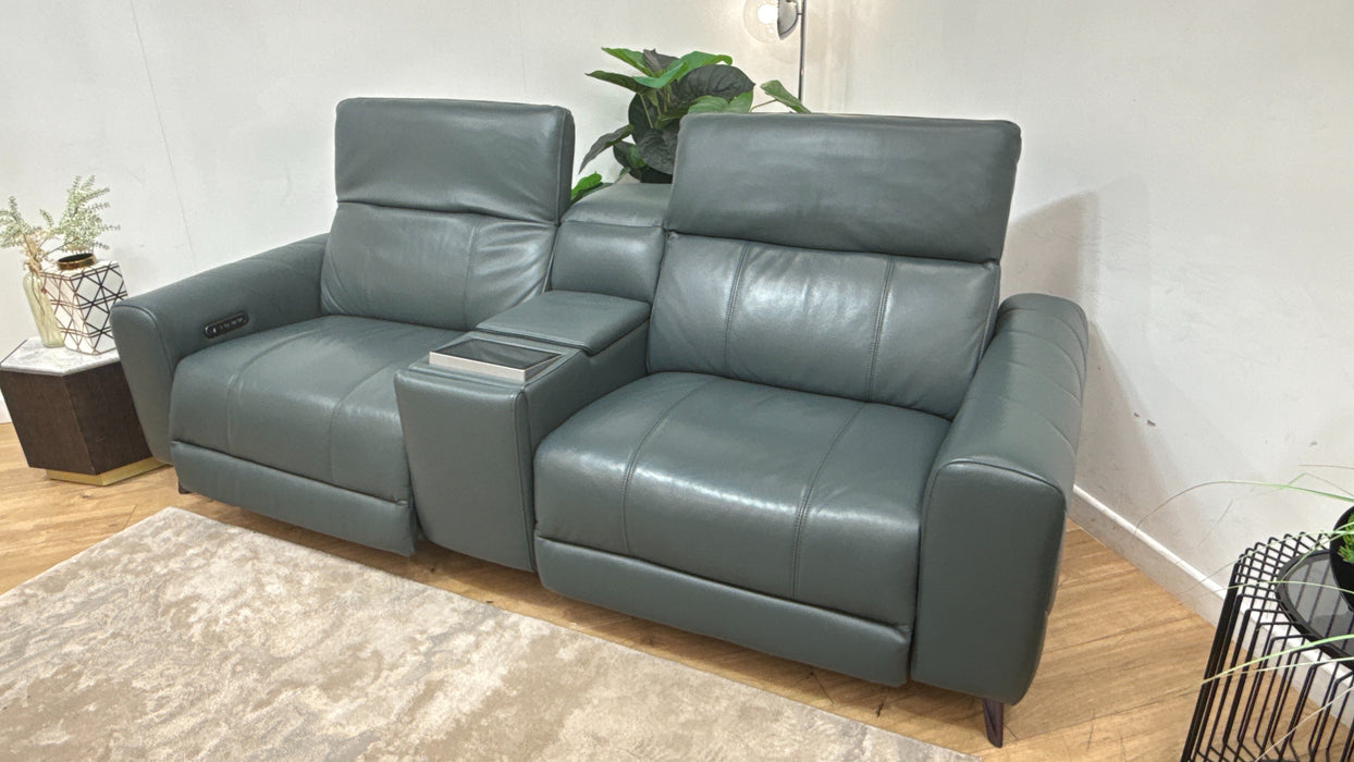 Sofology Allure Leather 2.5 Seater Screen Console Power Recliner/Headrest Heated Seats Lumbar Support Speakers in Trusty Embossed Peacock