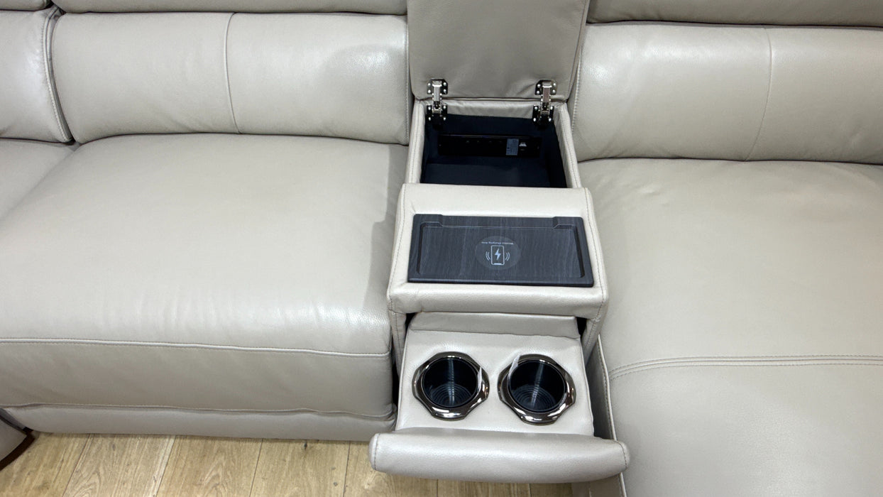 Sofology Hugo Leather 3 Corner Console 3 Power Chaise Power Recliner/Headrest in Trusty Embossed  Stone