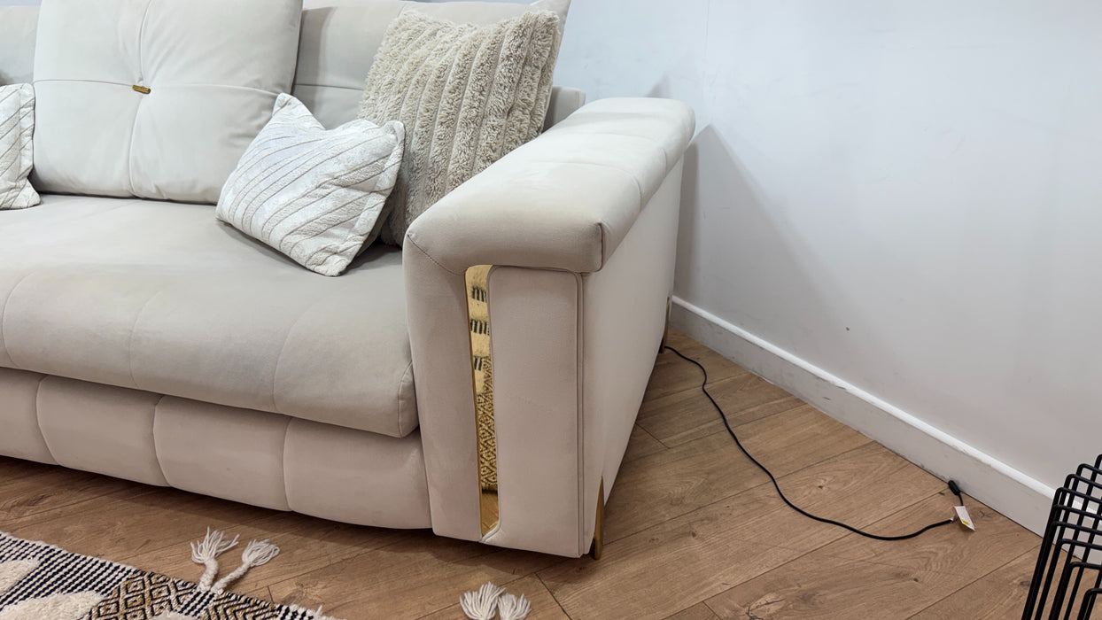 Sofology Oscar Fabric 4 Seater Gold Trim in Super Matt Velvet Ecru Mix